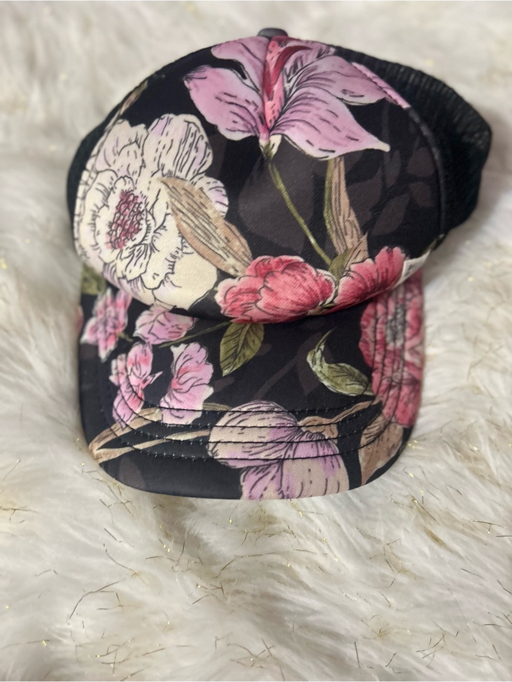 Billabong Black Floral Trucker Hat with Pink wand Cream Flowers